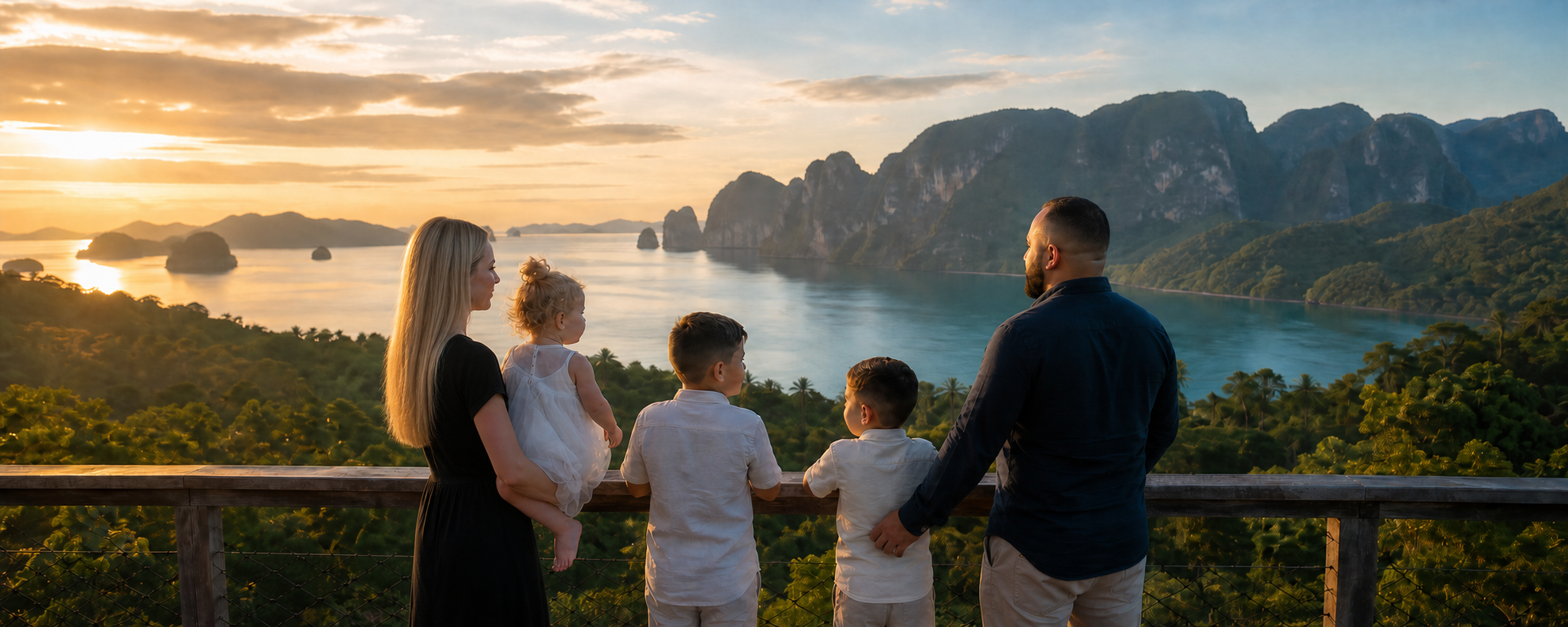 Symbolisch panoramabeeld van Mohammed, Lisa en hun drie kinderen met uitzicht over Thailand