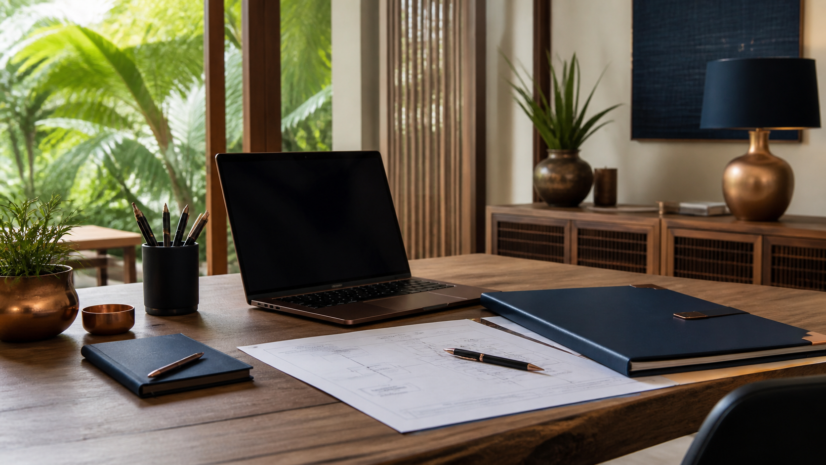 Professionele remote werkplek in Thailand met laptop en technische documenten