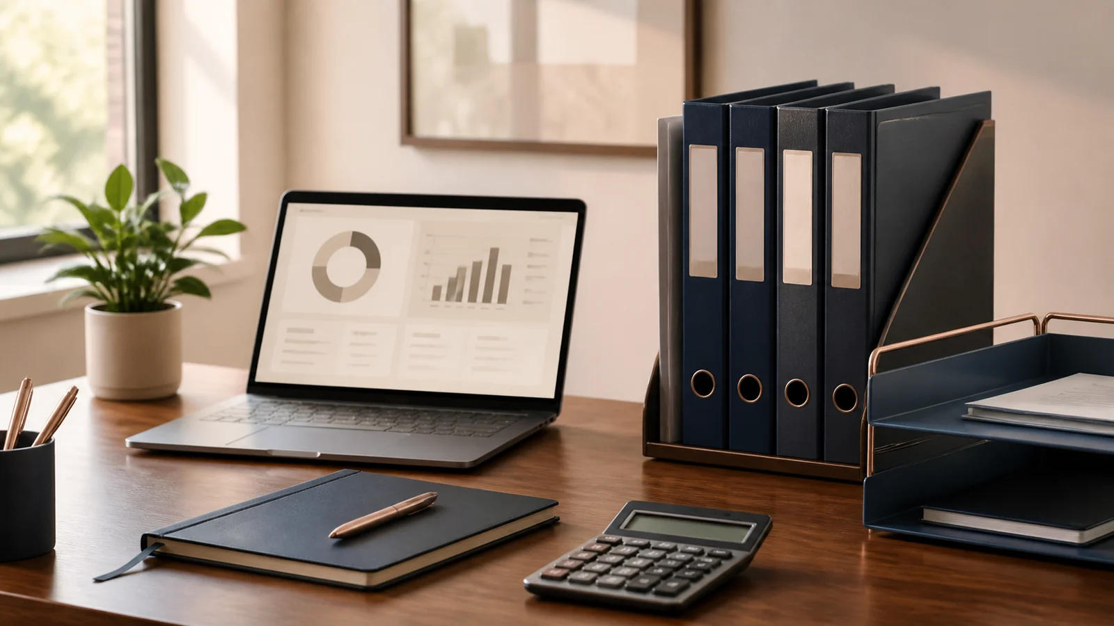 Overzichtelijke administratieve werkplek met laptop, ordners en documenten